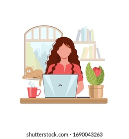 Young woman with laptop working from home. Home office concept. People who study or work at home. People at home in self quarantine. Vector illustration in flat style.