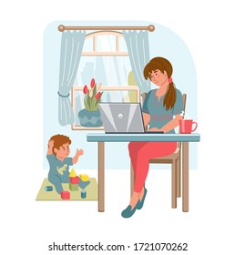 Young woman with laptop working from home. Working mom with kid in modern interior. Home office concept. People who study or work at home. Vector illustration in flat style.