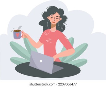A young woman with a laptop works and drinks coffee or tea in a street cafe. Girl online, chatting, blogging. The concept of remote work. Flat vector illustration.