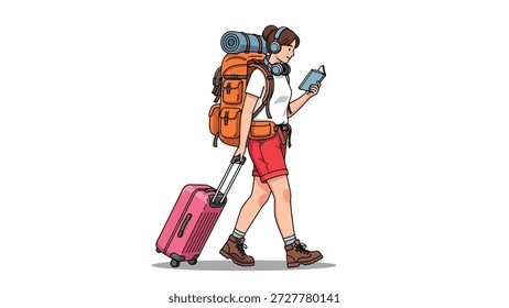 A young woman with a large backpack and a rolling suitcase, wearing headphones and reading a book, is walking.
