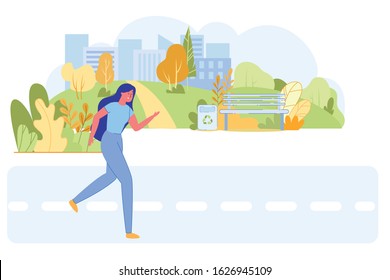 Young Woman Late on Bus Station. Girl Running and Waving Hand to Attract Commuter Driver Attention. Megalopolis Transportation Service. City Life, Public Transport Cartoon Flat Vector Illustration