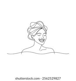 
young woman laughing after beauty treatment at spa Continuous line art flat vector illustration