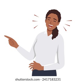 Young woman laughing while pointing. Flat vector illustration isolated on white background