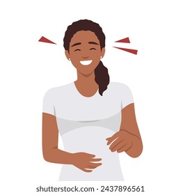 Young woman laughing while pointing. Flat vector illustration isolated on white background