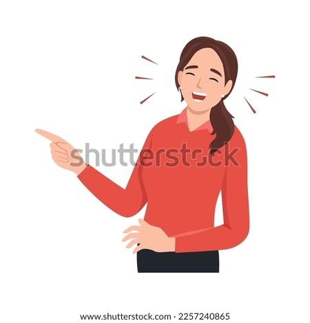 Young woman laughing while pointing. Flat vector illustration isolated on white background