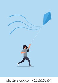 young woman launching kite casual girl playing wind toy holiday concept female cartoon character full length flat vertical