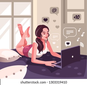 Young woman laying bed in room home house and working online. Web internet communication education freelance work home office concept. Vector flat graphic design cartoon illustration