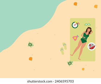 Young woman laying on beach and enjoying taking sunbath. High angle view of flat vector illustration.