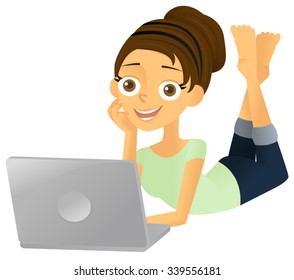 Young woman laying on ground using a laptop