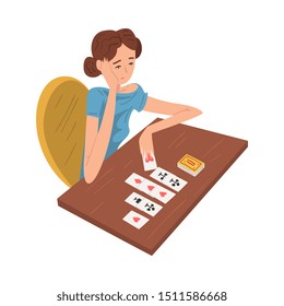 Young Woman Laying Out Playing Cards, Girl Playing Solitaire Vector Illustration