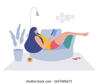 Young woman lays on comfy sofa and reads a book. The girl is resting at home and drinking coffee. Character vector illustration