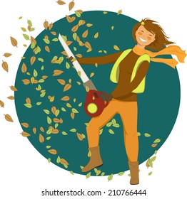 Young Woman With A Leaf Blower