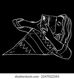Mujer joven se inclinó hacia atrás usando un teléfono móvil. Esbozo en bruto de doodle lineal dibujado a mano. Silueta blanca sobre fondo negro.