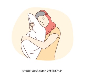 The young woman leaning back on the pillow in her pajamas with a sleepy expression. Hand drawn style vector design illustrations.