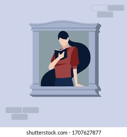 Young woman leaning out of an open window with reading a book of in spring sunshine, vector illustration