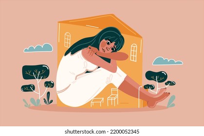 A young woman leans on her knees and sits sad in a cramped house. Sadness, depression and thoughts. The concept of loneliness, insecurity, mental illness, sadness and fatigue. Introvert teenager