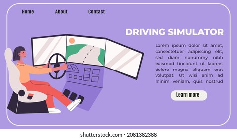 .Young woman learn to drive with gaming wheel. Driving school, simulation driving lesson. Flat vector modern isolated banner in trendy colors.