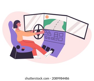 Junge Frau lernt mit dem Spielrad fahren. Fahrschule, Simulationsfahrunterricht. Mädchen, die Auto-Racing-Videospiel, Autosimulator. Vektorflache, moderne einzelne Illustration in trendigen Farben.