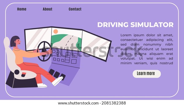 .Young woman learn to drive with gaming wheel.\
Driving school, simulation driving lesson. Flat vector modern\
isolated banner in trendy\
colors.