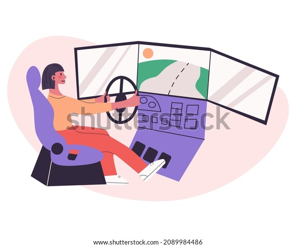 Young woman learn to drive with gaming wheel.
Driving school, simulation driving lesson. Girl playing car racing
video game, autosimulator. Vector flat modern isolated illustration
in trendy colors.
