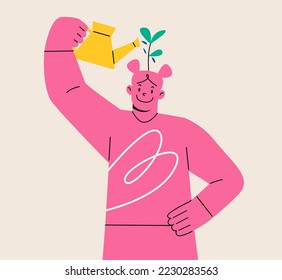 Young woman learner using watering can to water growing seedling on her head. Self improvement concept. Colorful vector illustration
