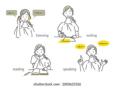 young woman learning English, method