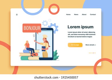 Young woman learning French cuisine online. Stack of books, digital device, chef on screen. Flat vector illustration. Online course, cooking concept for banner, website design or landing web page