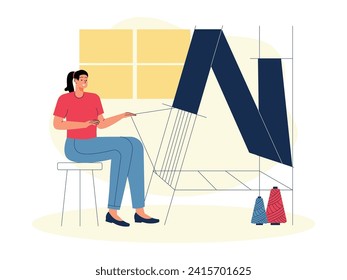 Young woman learning to make cloth in traditional way, craft vector illustration.