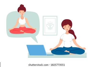Young woman learning meditation from video tutorial at laptop. Smiling girl meditates sitting in lotus position. Vector character illustration of distance learning, online education, yoga courses