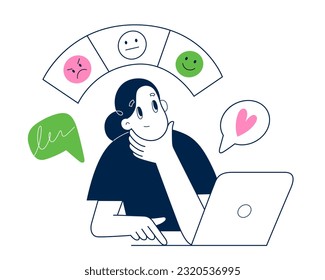 Young woman leaves feedback, client chooses between positive, negative and neutral rating scale, person writes a review, uses a laptop, satisfied customer, vector illustration isolated on white