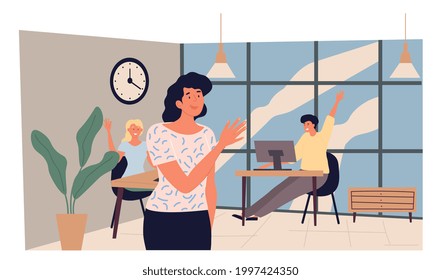 Young woman leaving office and saying goodbye to colleagues. She going home after a day at the office. Cute female character leaving workplace. Daily routine concept. Flat cartoon vector illustration