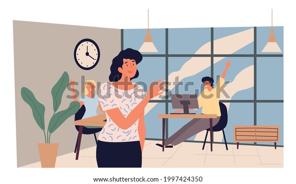 Young woman leaving office and saying\
goodbye to colleagues. She going home after a day at the office.\
Cute female character leaving workplace. Daily routine concept.\
Flat cartoon vector\
illustration