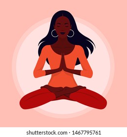 A young woman levitates. Yoga and relaxation. Girl sitting in lotus position with her eyes closed. Vector flat illustration