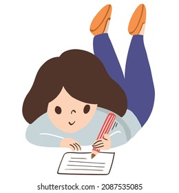 Young woman lie on the stomach writing on paper cartoon character cut out vector illustration