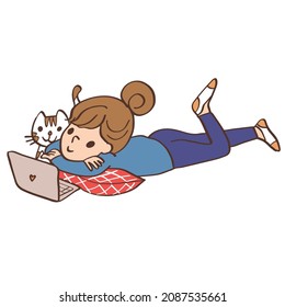 Young woman lie on the stomach on pillow browsing internet on laptop cartoon character cut out vector illustration