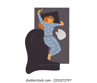 Young woman lies in bed with a cat and stretches, top view. Flat vector illustration