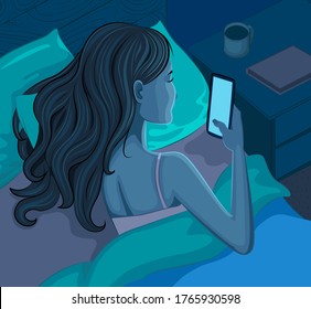 A young woman lies in bed and looks at the phone screen. Night lighting in the bedroom. Cartoon style. Vector illustration.