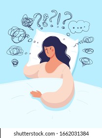 A young woman lies in bed and suffers from insomnia, depression, unresolved problems. Concept illustration of mental health, psychological assistance, life crisis. Flat vector illustration