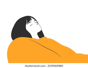 young woman lies with closed eyes under a yellow blanket and sleeps. minimalist vector graphic