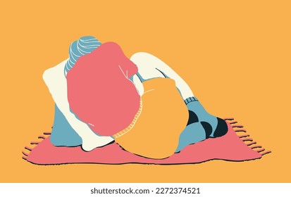 A young woman lies curled up, huddled. Sad girl lies turned away to the wall. The position of the body during the experience of negative emotions: sadness, melancholy, depression. Vector illustration.