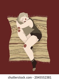 A young woman lies in an embrace with a pillow. Nice autumn colors. Vector illustration.