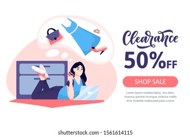 Young woman lies in front of laptop and makes purchases in online store of women's fashion clothes. Vector flat cartoon illustration. Seasonal sale poster, banner design template.