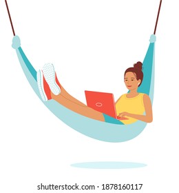 Young woman lies in a hammock with a laptop. Remote employee, freelancer, online student, teacher, e-learning. Isolated vector illustration