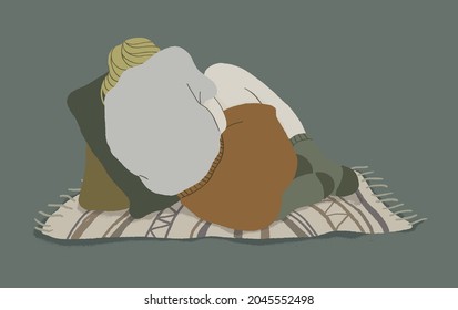 A young woman lies with her face turned to the wall, curled up in a ball. Vector illustration.
