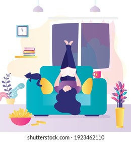 Young woman lies on an armchair upside down. Female character is reading book or textbook. Interior of room with furniture. Pastime, leisure, hobby. Trendy style vector illustration