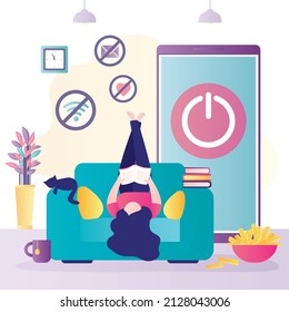 Young woman lies on armchair upside down. Refusal of gadgets. No internet addiction. Digital detox. Mobile phone with off button. Girl is reading book or textbook. Pastime, leisure, hobby. Flat Vector