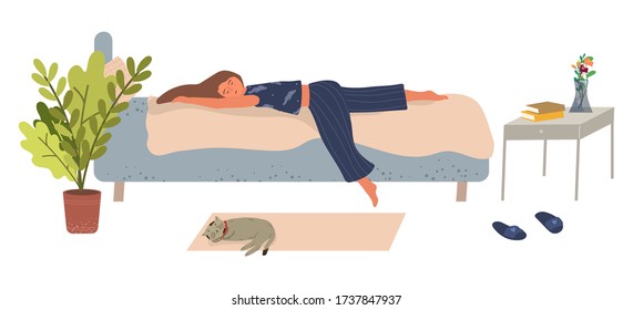 Young woman lies on the bed and sleeps vector illustration in flat style. The concept of depression, apathy and laziness. A girl cannot get out of bed. Fatigue and depression. Cartoon style.