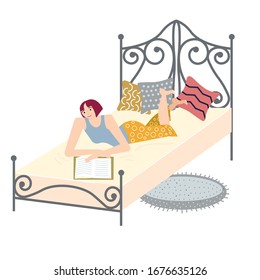 Young woman lies on his stomach in her bed and flips through a magazine or book. Flat Art Vector Illustration