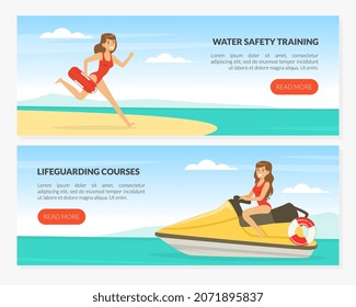 Young Woman Lifeguard on Water Scooter Supervising Safety Vector Web Page Template