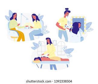 Young Woman Lifestyle Set Isolated on White Background. Female Character Visiting Massage, Manicure and Hairstyle Salon on Weekend. Leisure, Health Care, Sparetime Cartoon Flat Vector Illustration